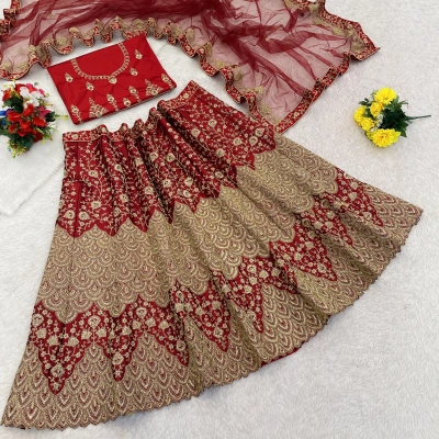 Luxurious Red Embroidered Satin Lehenga Choli Set with Dupatta