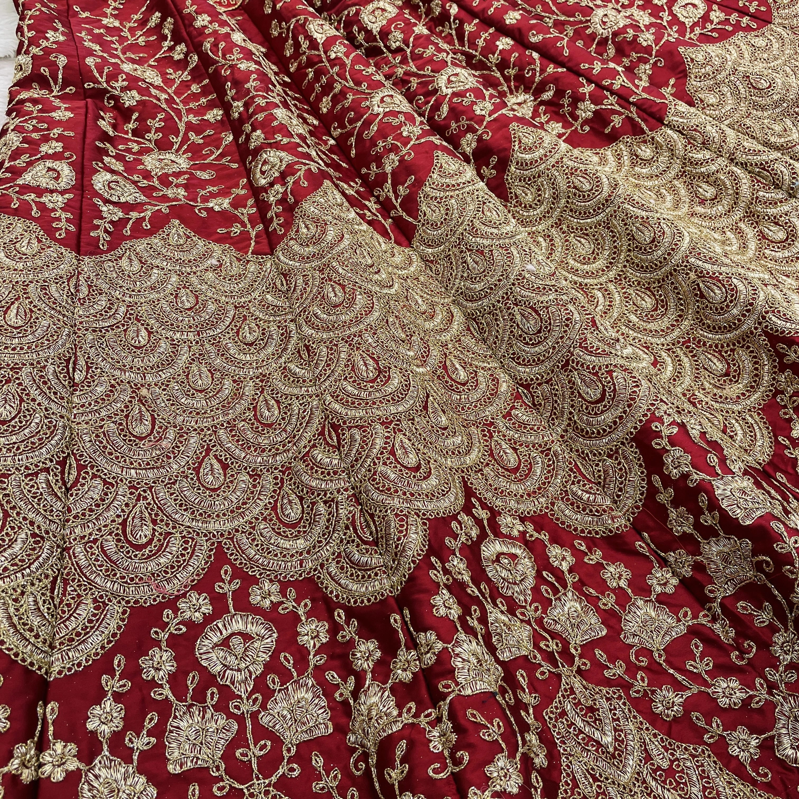 Luxurious Red Embroidered Satin Lehenga Choli Set with Dupatta-Red-3