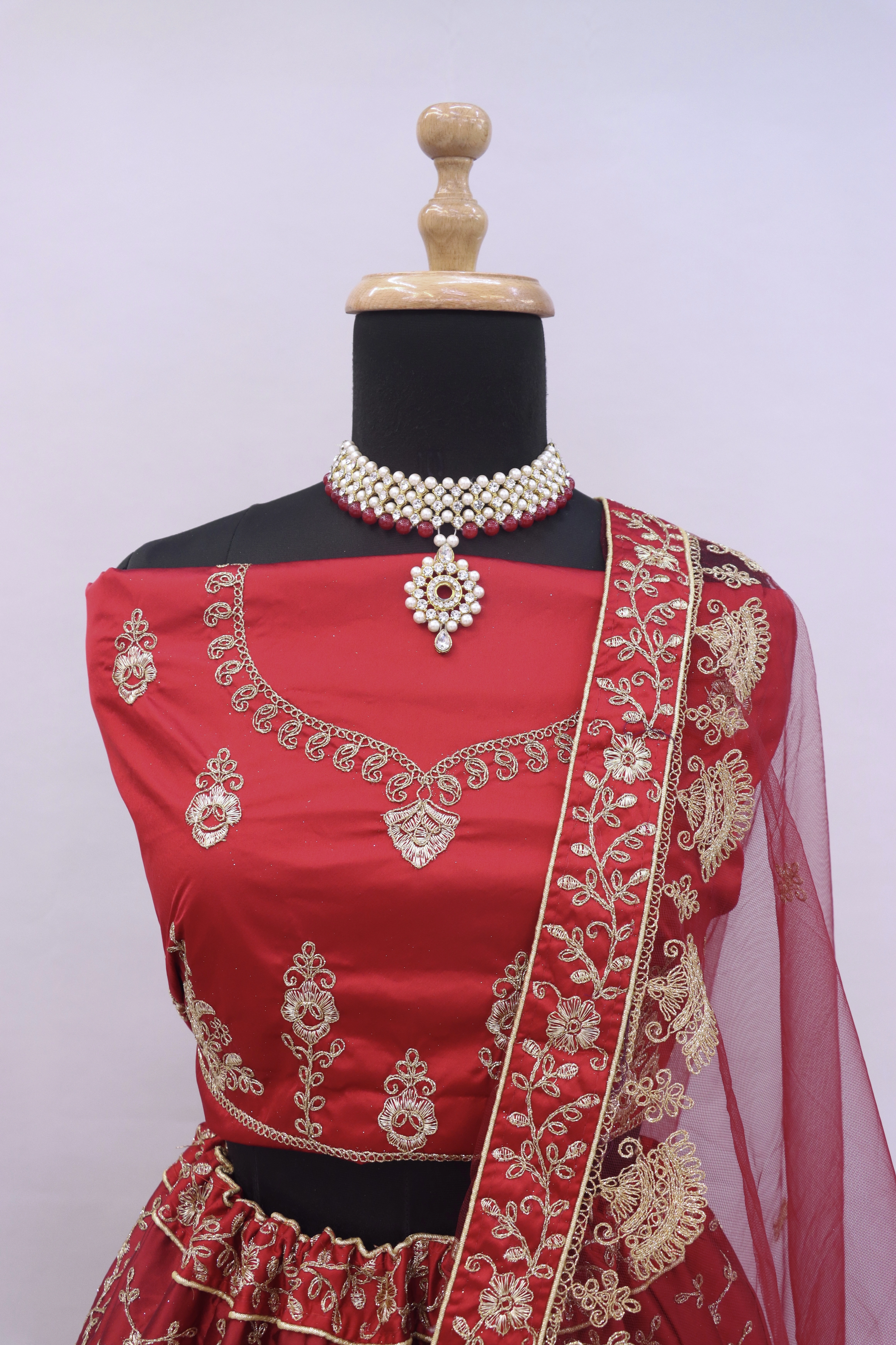 Luxurious Red Embroidered Satin Lehenga Choli Set with Dupatta-Red-4