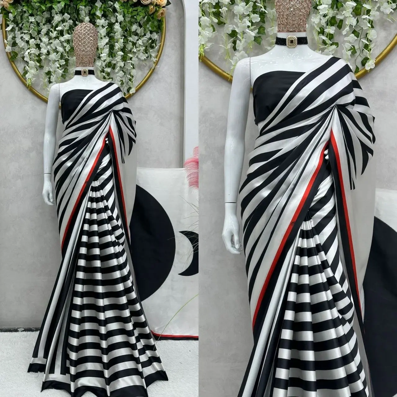 Exclusive Black-White Japan Satin Digital Print Work Saree With Blouse-1