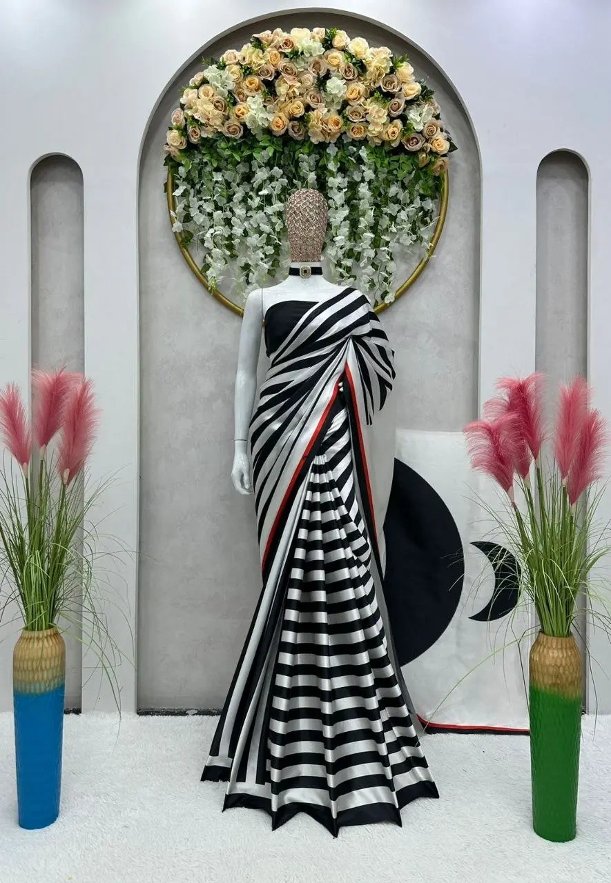 Exclusive Black-White Japan Satin Digital Print Work Saree With Blouse-2