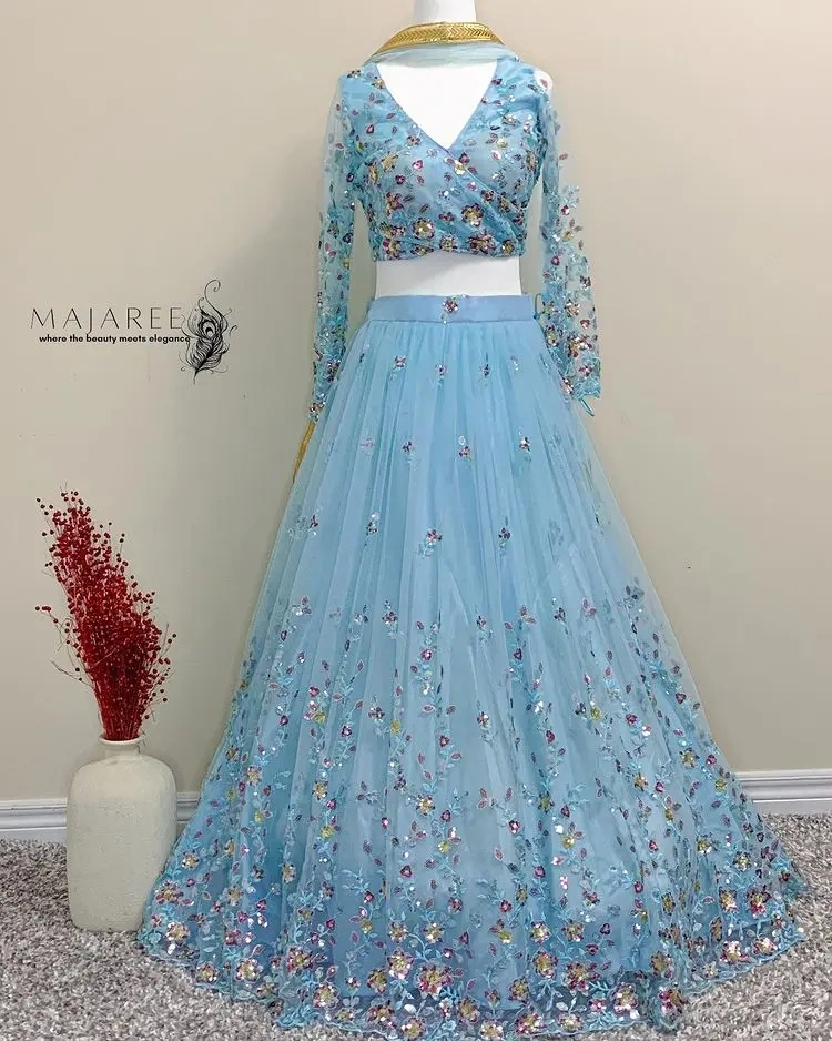 Sky Blue Color Soft Net Sequence And Thread Work Lehenga Choli-SN-386