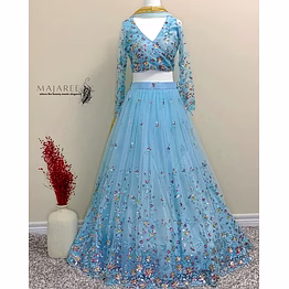 shiv sky blue net lehenga choli
