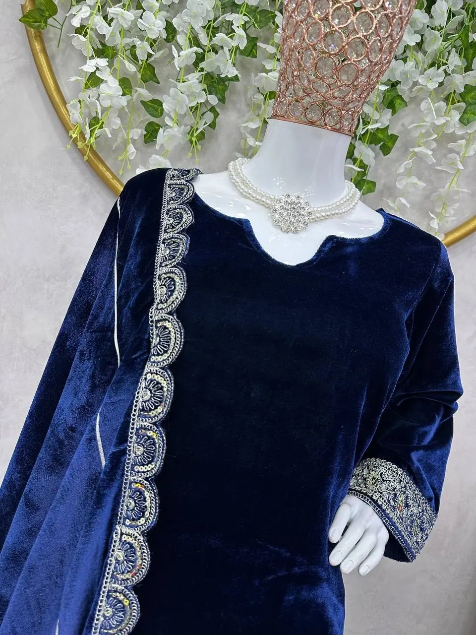 Luxurious Viscose Velvet Suit for Women-Blue-M-4