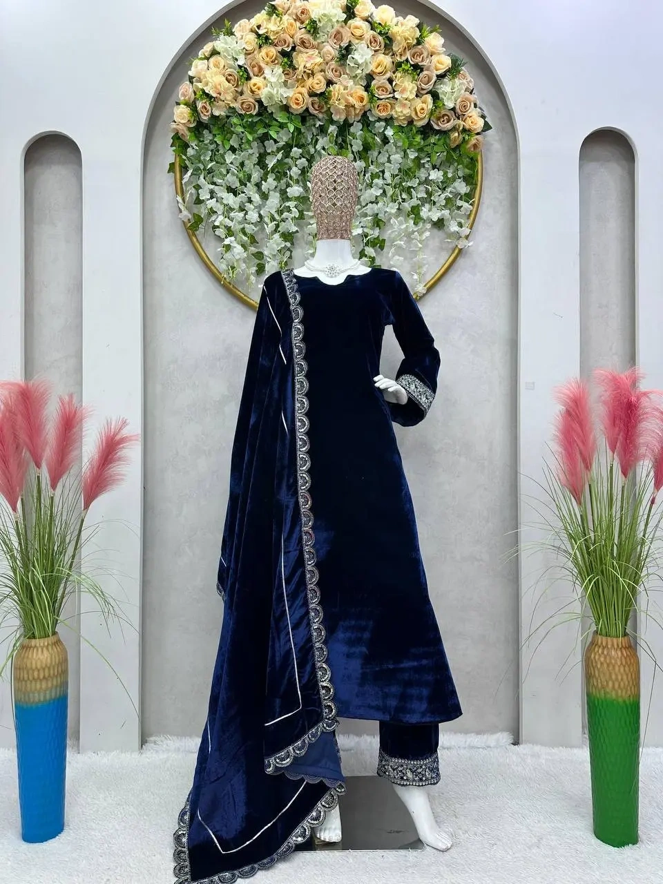 Luxurious Viscose Velvet Suit for Women-Blue-L-2