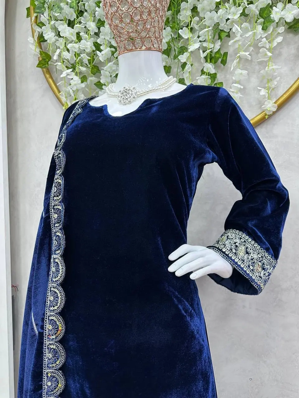 Luxurious Viscose Velvet Suit for Women-Blue-L-3