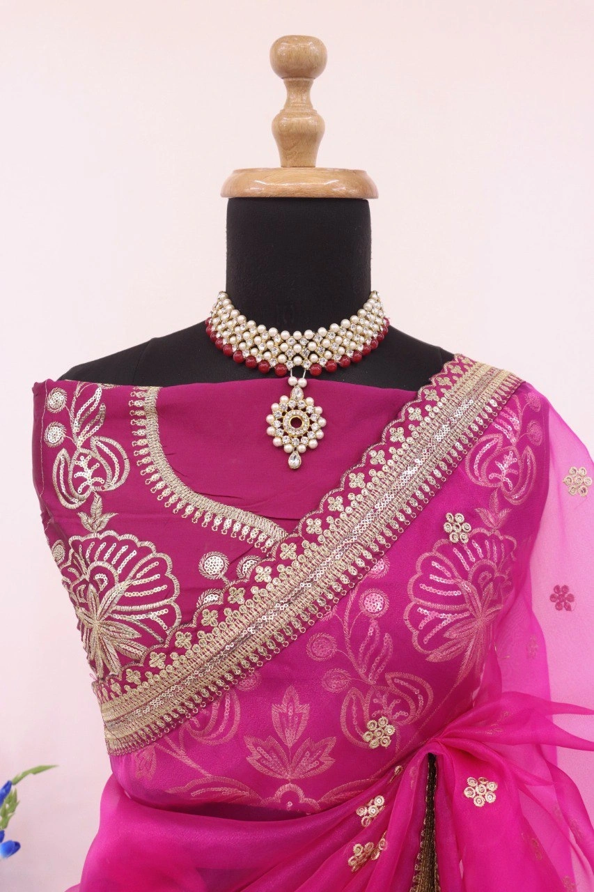 Pansy Purple Organza Silk Saree with Heavy Embroidery Work-3