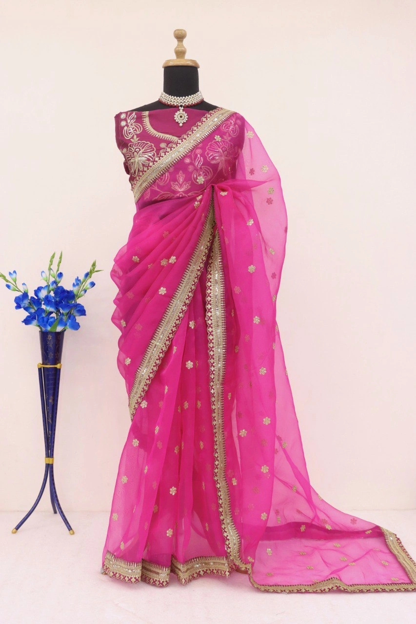 Pansy Purple Organza Silk Saree with Heavy Embroidery Work-4