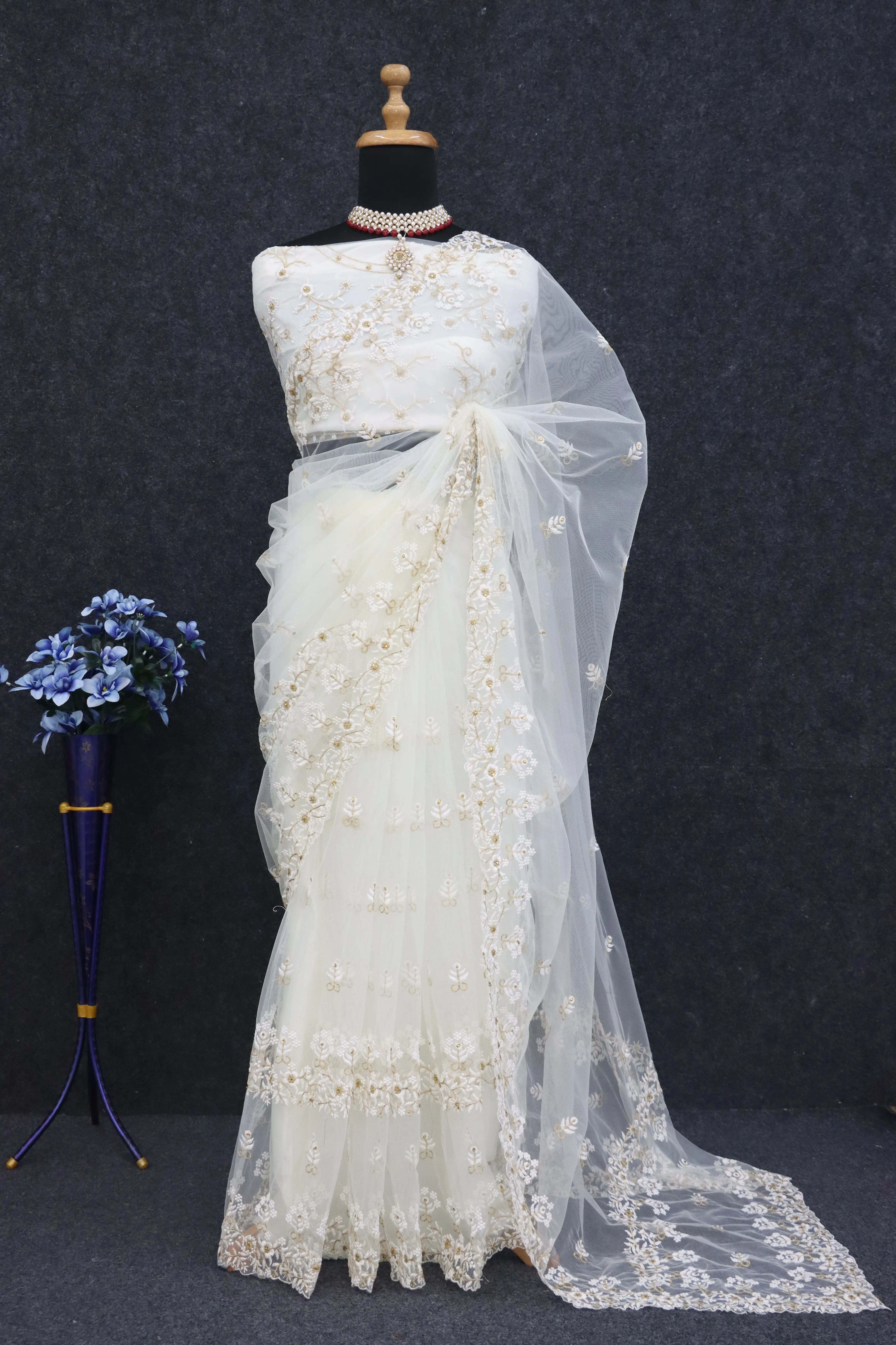 Luxurious White Net Lehenga Saree with Blouse-4