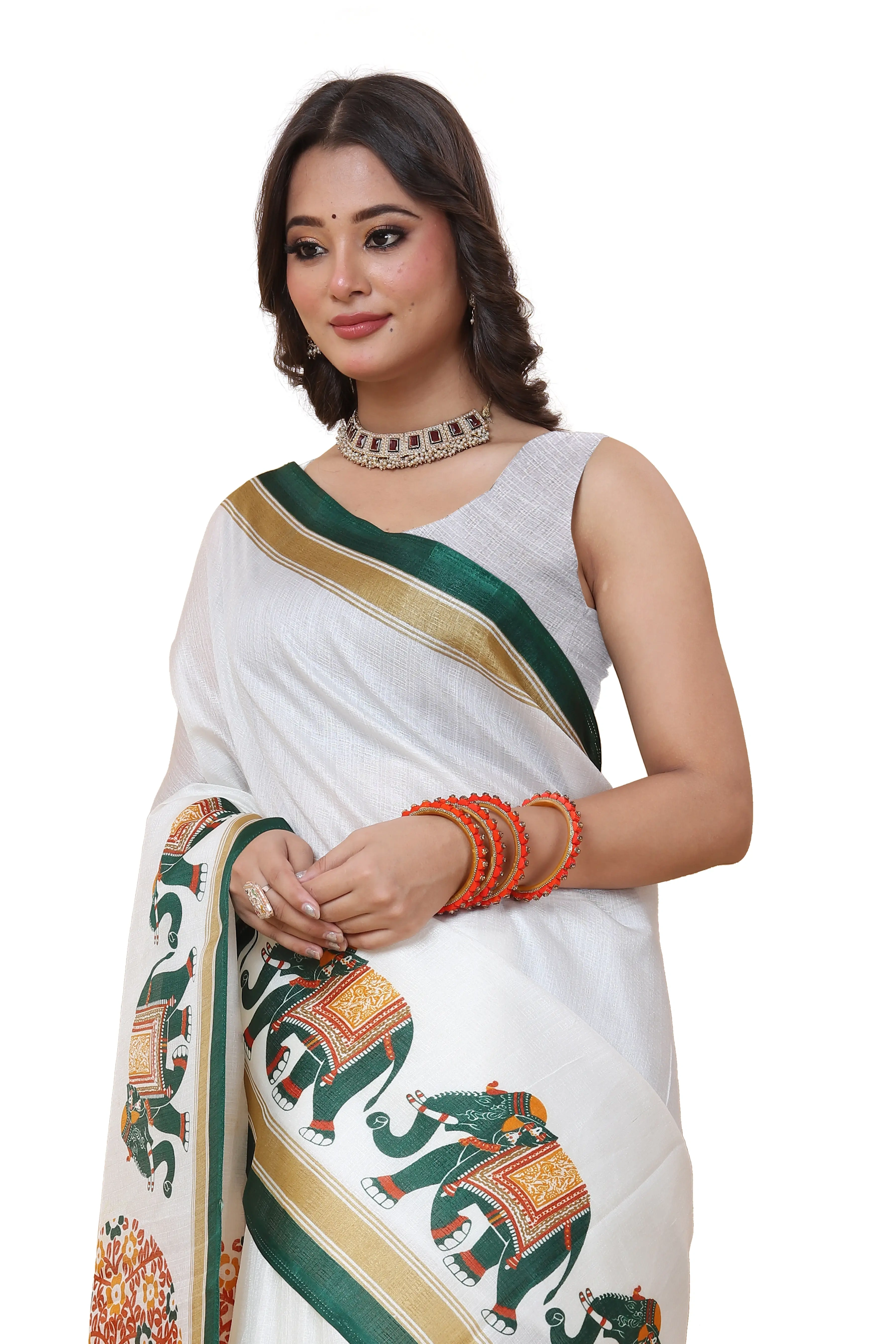 Elegant Printed Art Silk Saree with Blouse Piece-Green-1