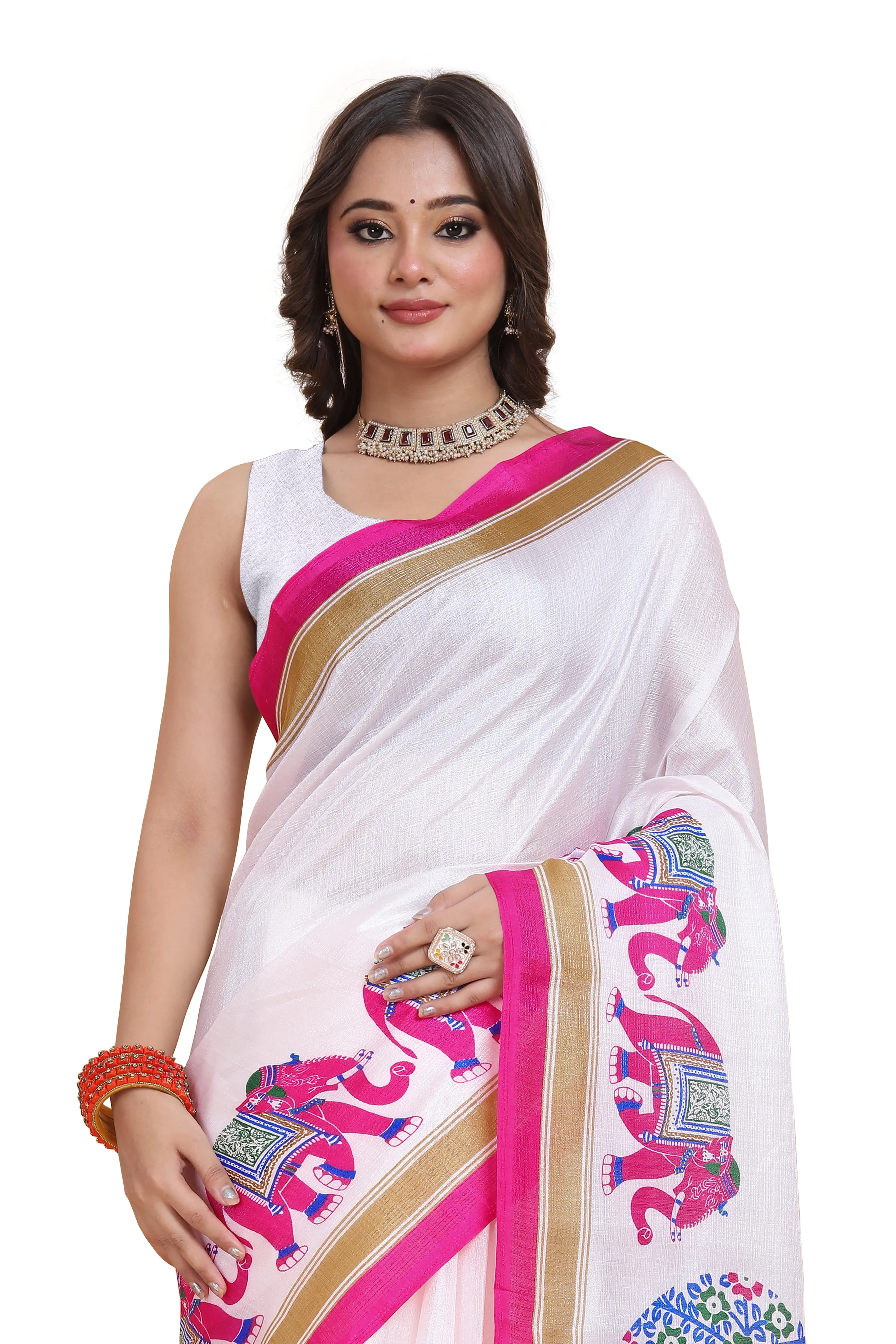 Elegant Printed Art Silk Saree with Blouse Piece-Pink-3