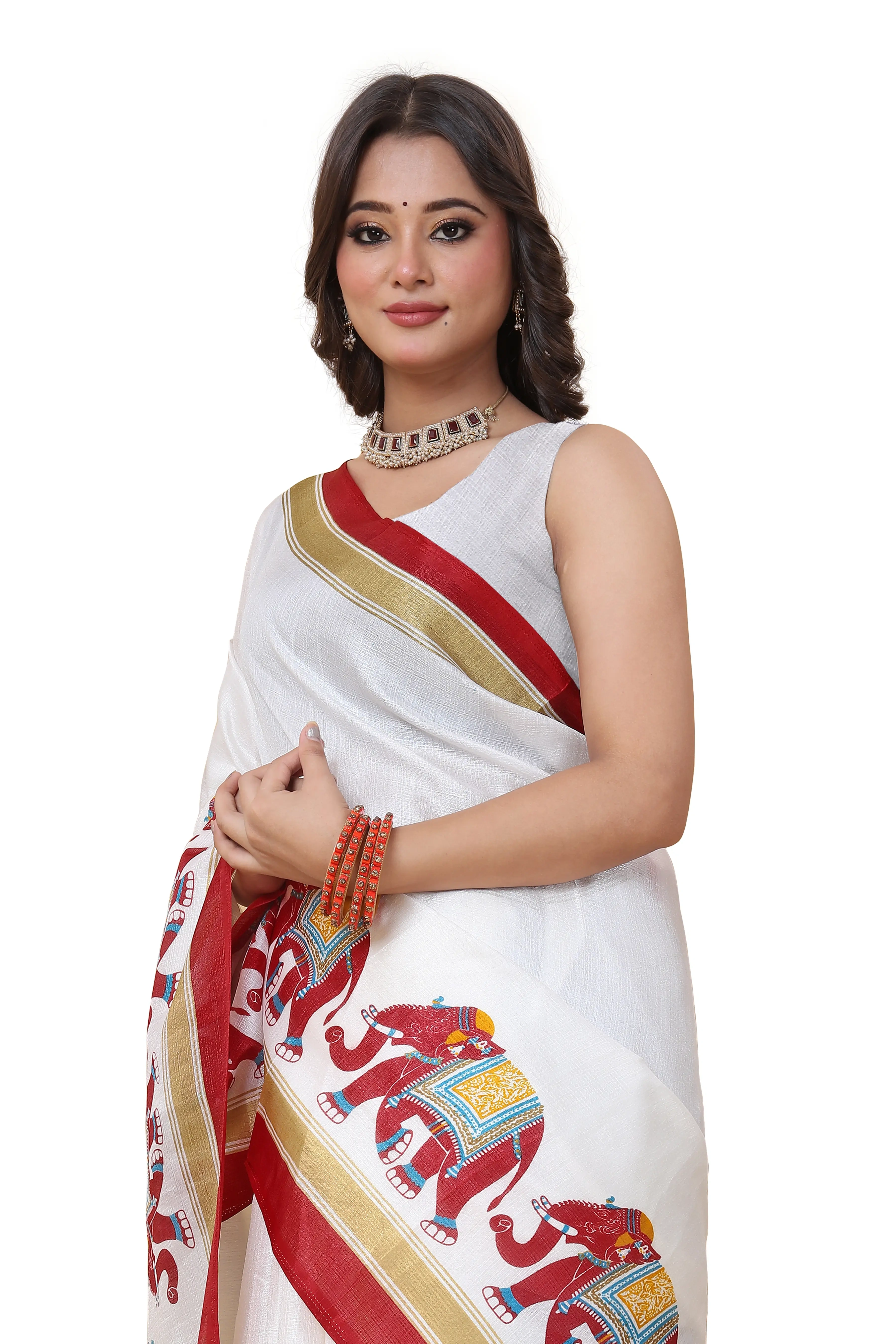 Elegant Printed Art Silk Saree with Blouse Piece-Red-1