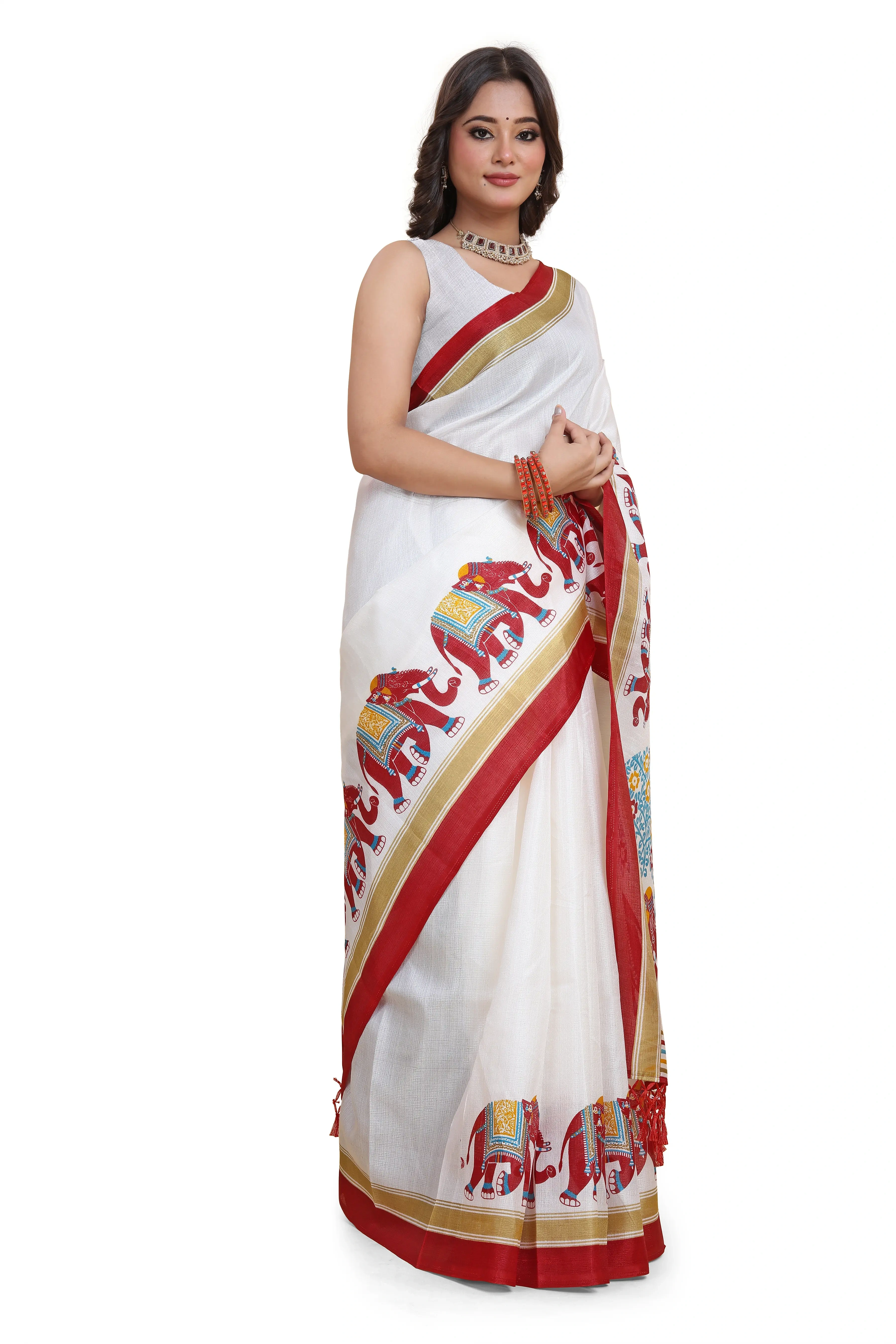 Elegant Printed Art Silk Saree with Blouse Piece-Red-2