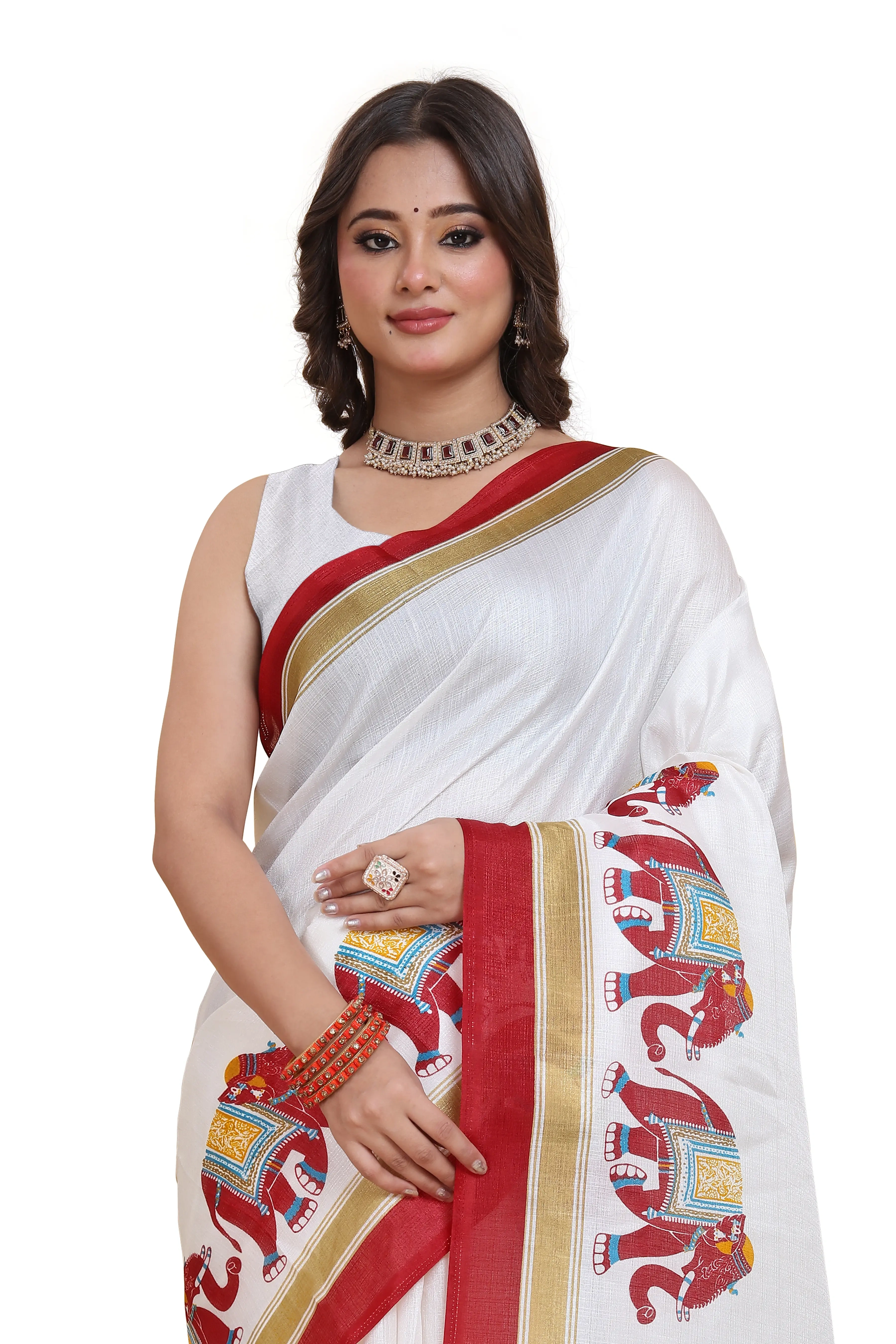 Elegant Printed Art Silk Saree with Blouse Piece-Red-3