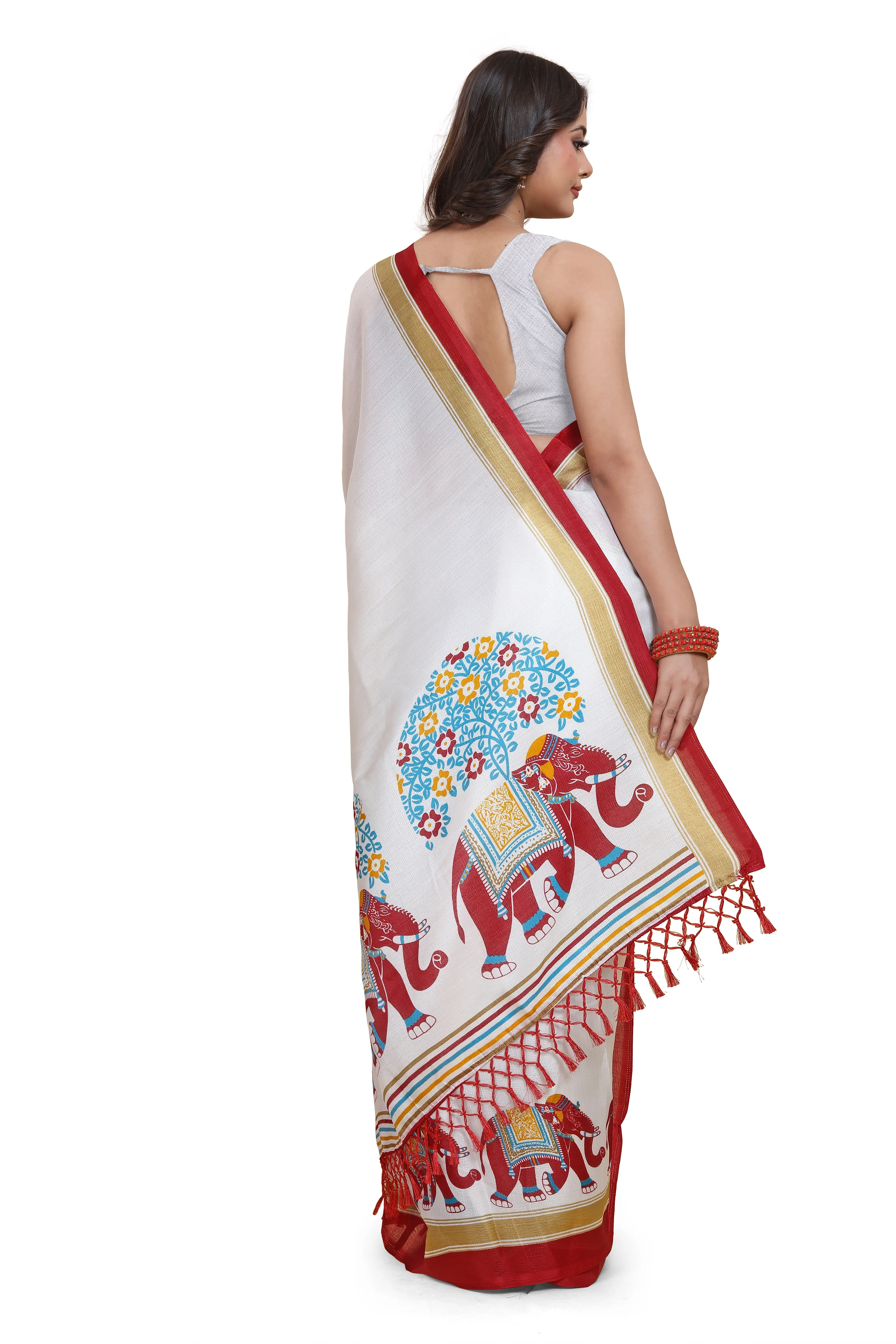 Elegant Printed Art Silk Saree with Blouse Piece-Red-4