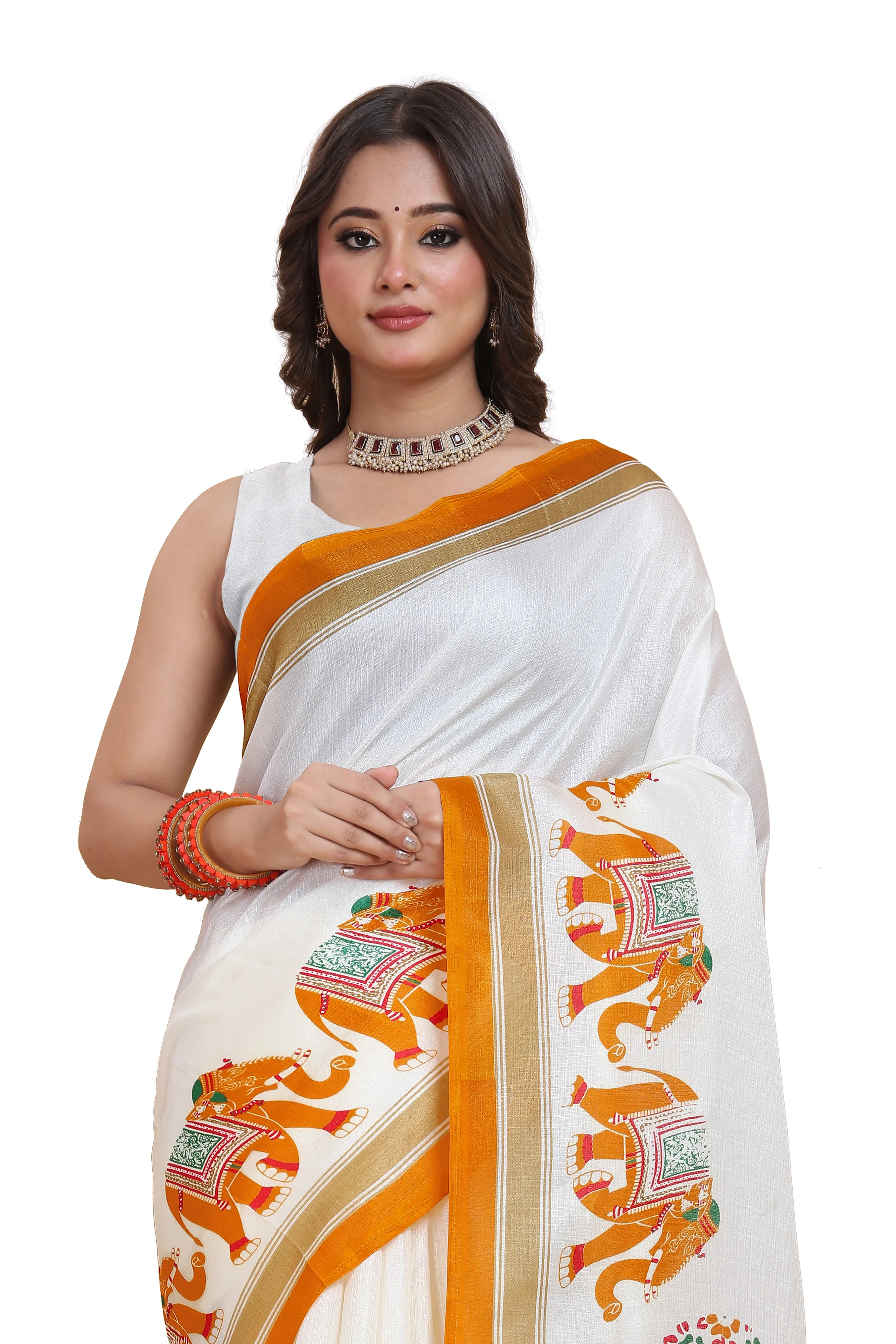 Elegant Printed Art Silk Saree with Blouse Piece-Yellow-3