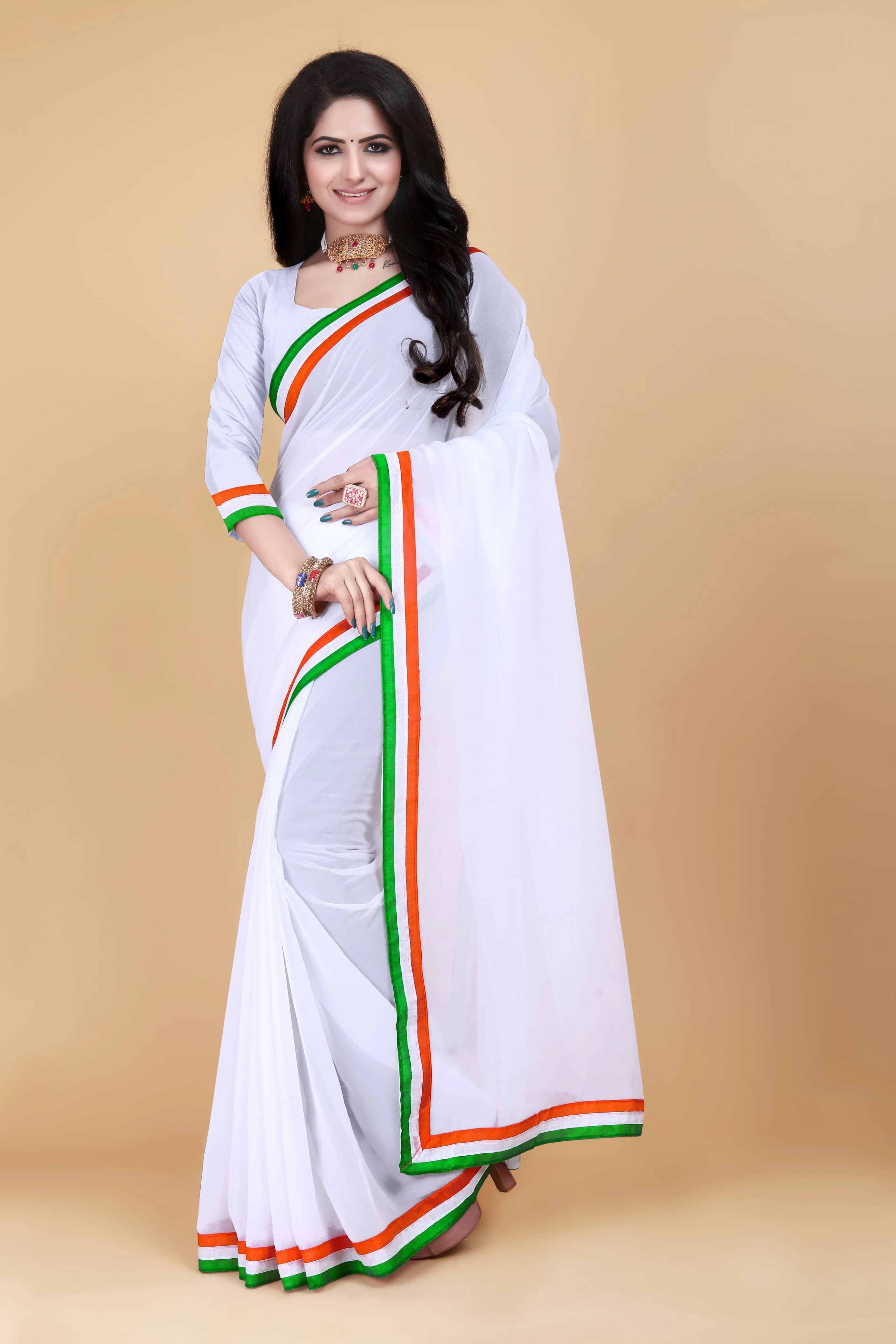 Women's Georgette Independence Day Tricolor Tiranga Saree-STG