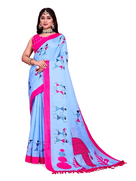 Khadi Silk Warli Printed Saree with Unstitched Blouse for Women