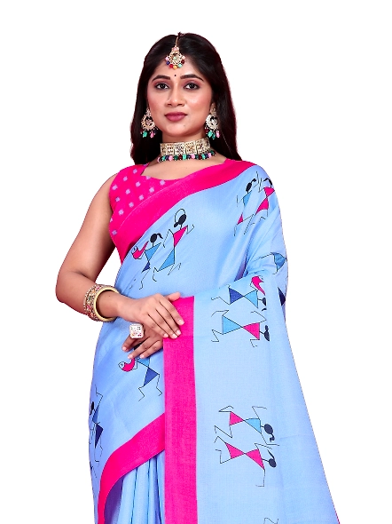 Khadi Silk Warli Printed Saree with Unstitched Blouse for Women-Blue