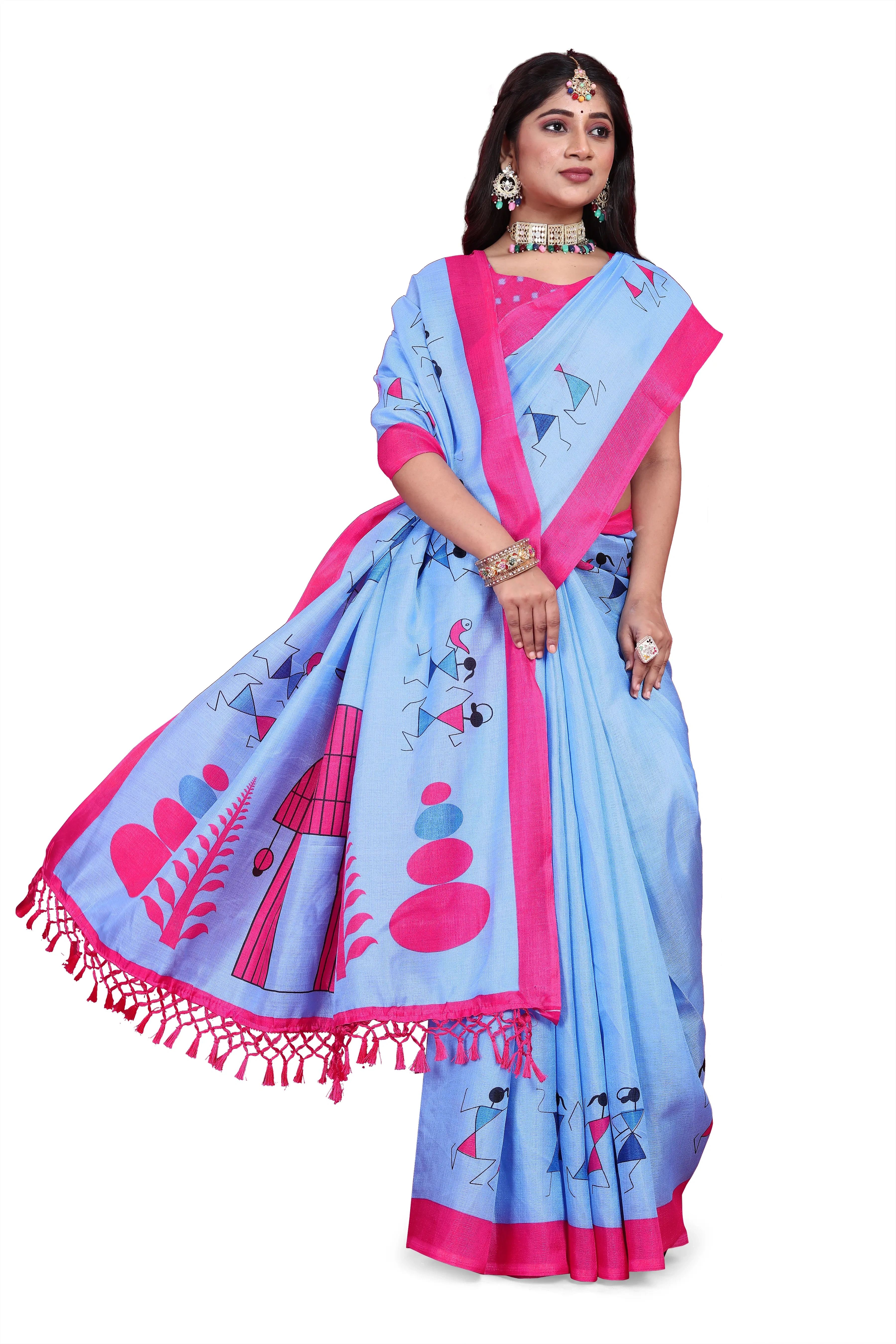 Khadi Silk Warli Printed Saree with Unstitched Blouse for Women-Blue-2