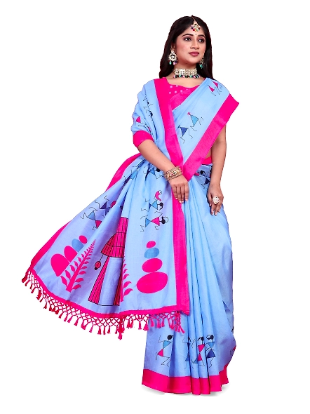 Khadi Silk Warli Printed Saree with Unstitched Blouse for Women-Blue-2