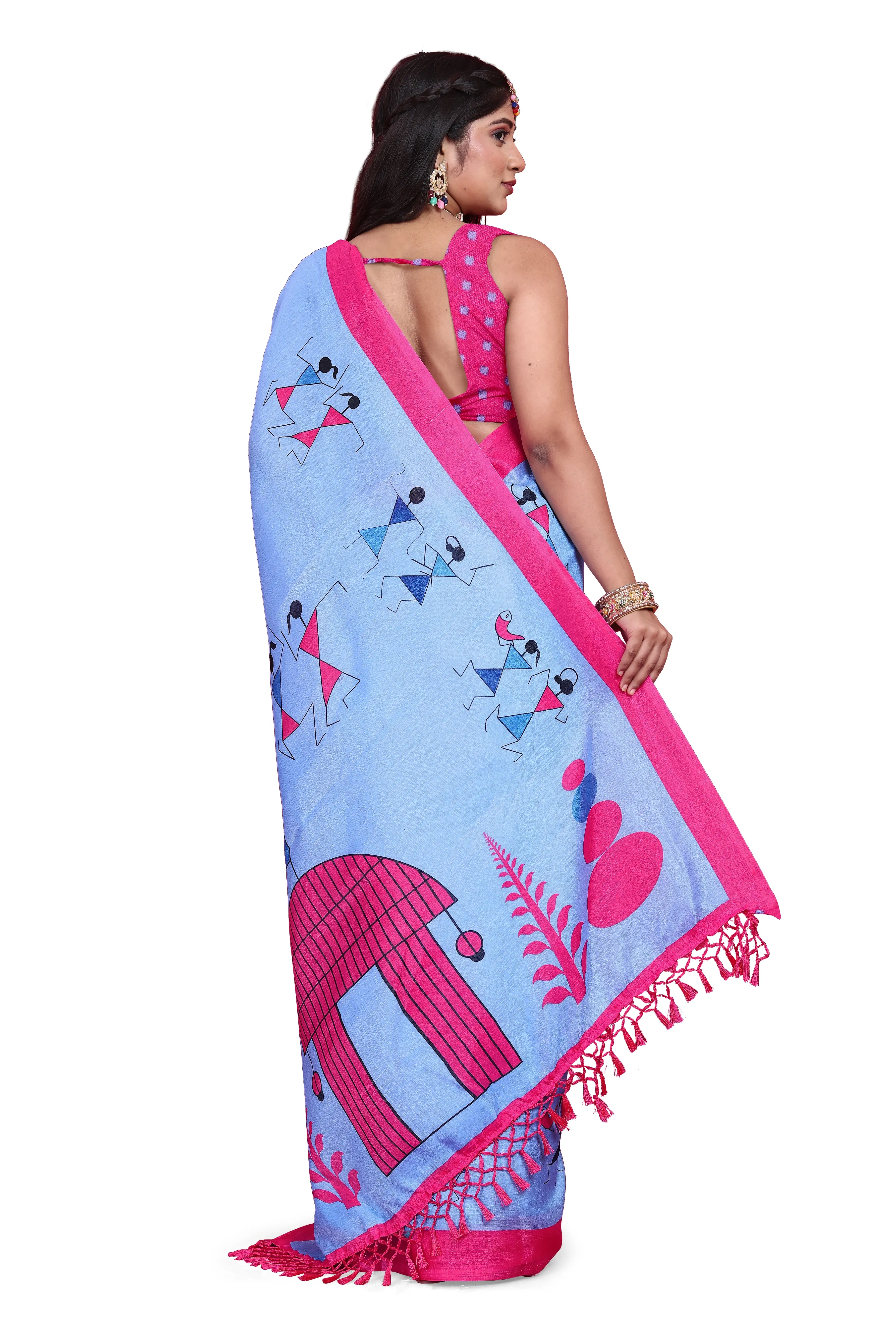 Khadi Silk Warli Printed Saree with Unstitched Blouse for Women-Blue-3