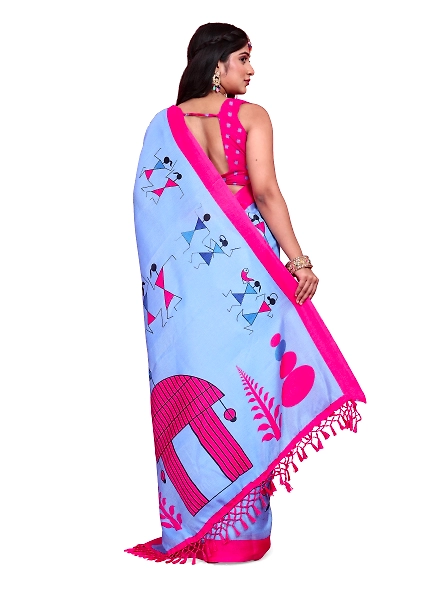 Khadi Silk Warli Printed Saree with Unstitched Blouse for Women-Blue-3