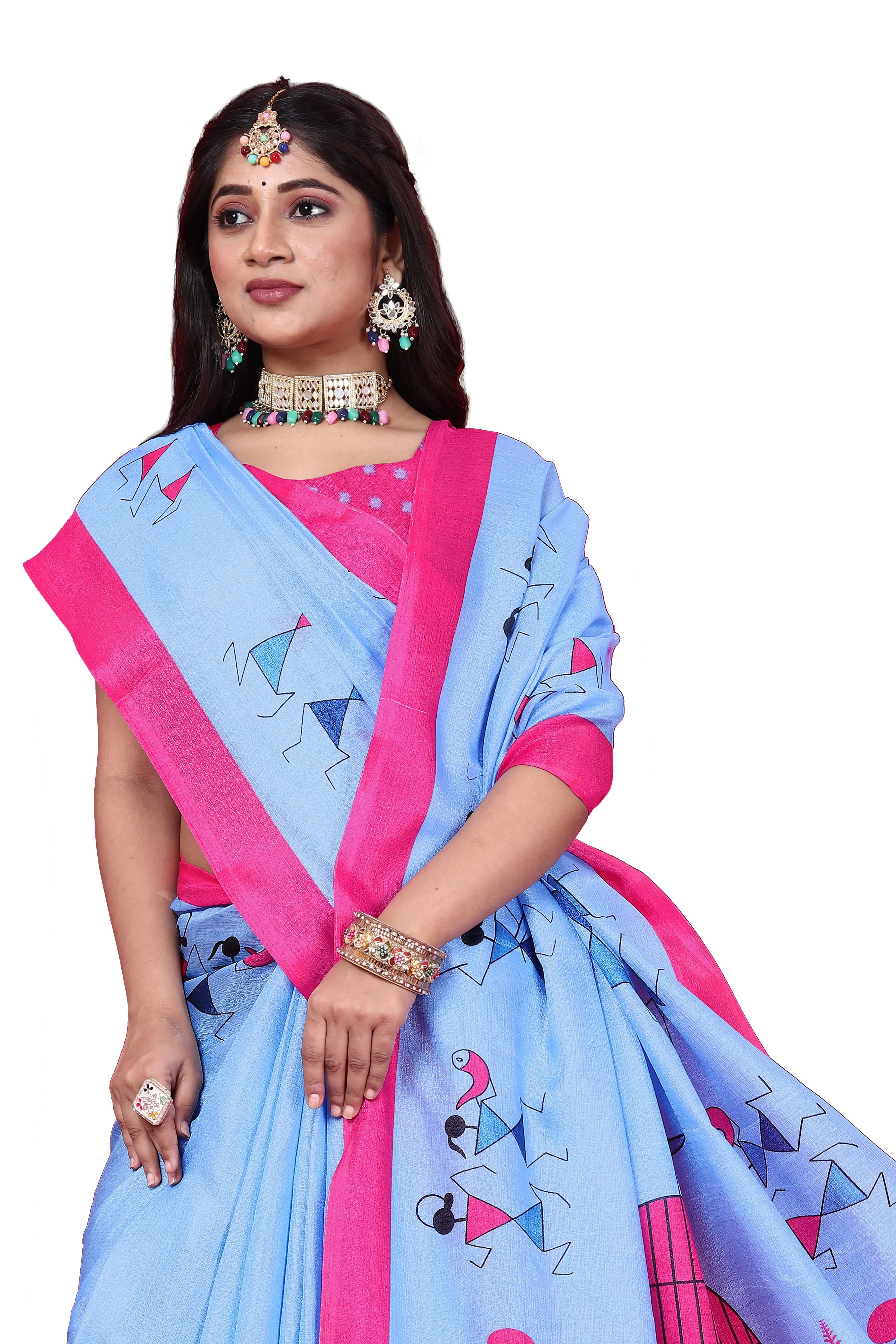 Khadi Silk Warli Printed Saree with Unstitched Blouse for Women-Blue-4