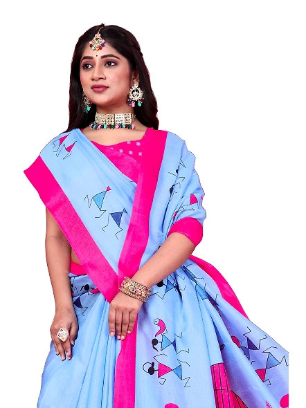 Khadi Silk Warli Printed Saree with Unstitched Blouse for Women-Blue-4
