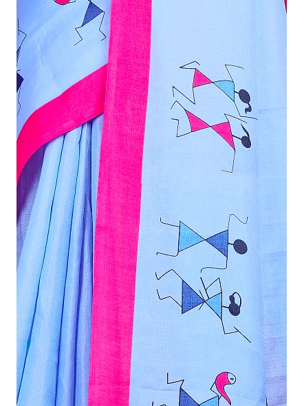 Khadi Silk Warli Printed Saree with Unstitched Blouse for Women-Blue-5