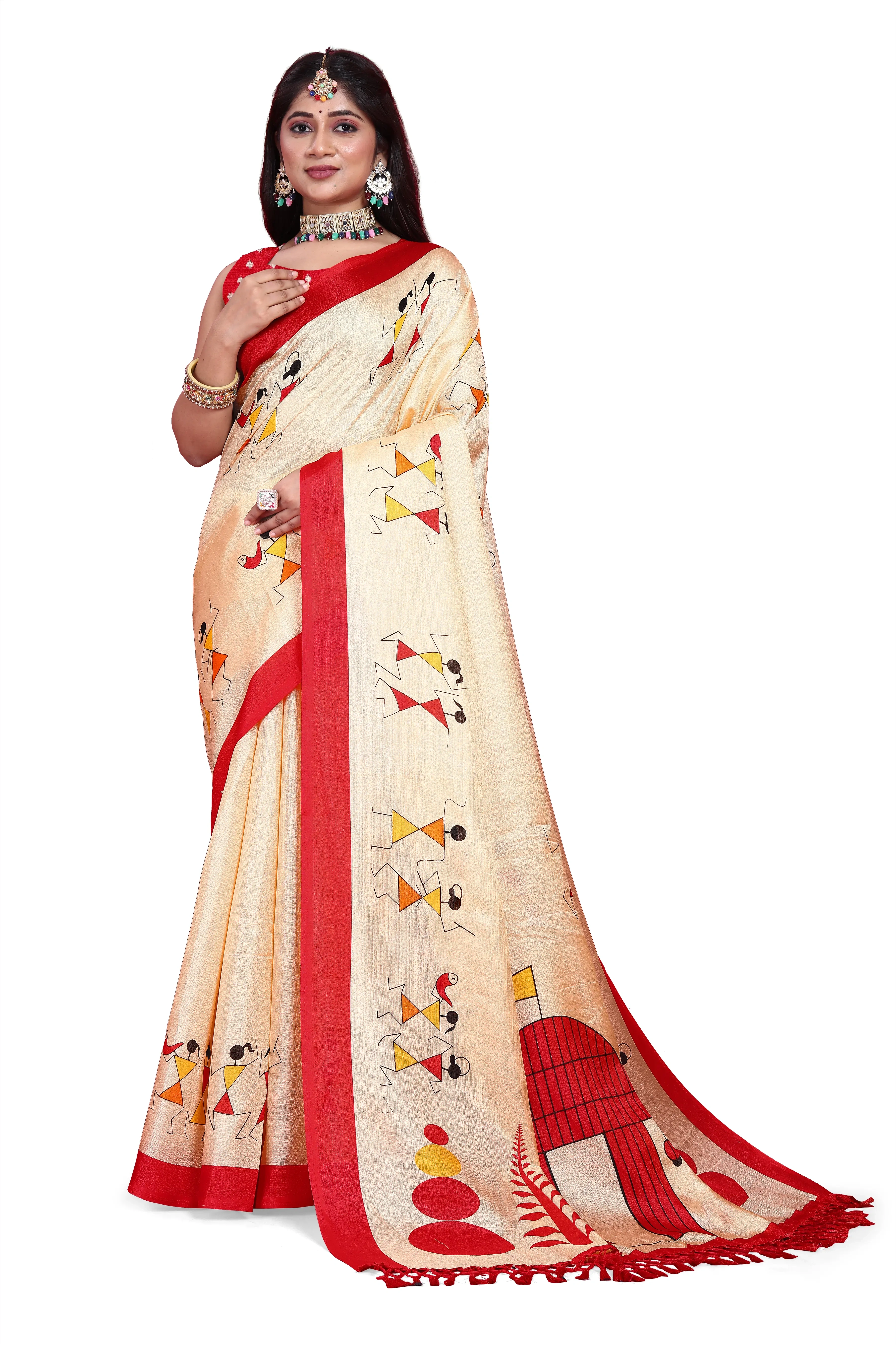 Khadi Silk Warli Printed Saree with Unstitched Blouse for Women-KWJ-Red