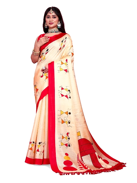Khadi Silk Warli Printed Saree with Unstitched Blouse for Women-KWJ-Red