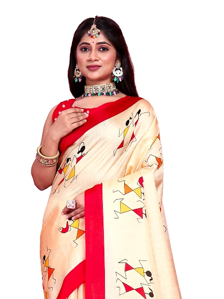 Khadi Silk Warli Printed Saree with Unstitched Blouse for Women-Red-1