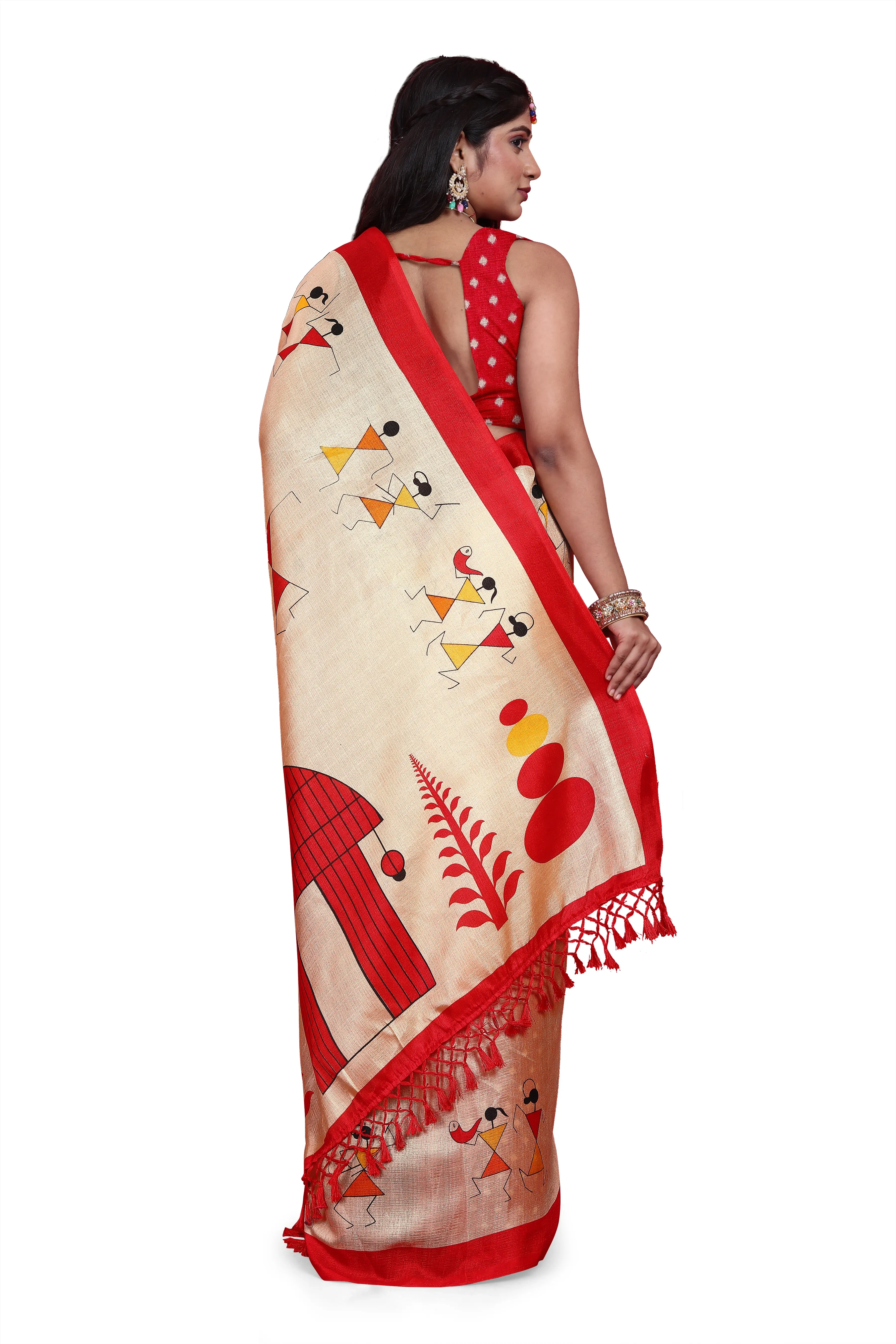 Khadi Silk Warli Printed Saree with Unstitched Blouse for Women-Red-3