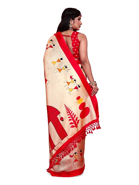Khadi Silk Warli Printed Saree with Unstitched Blouse for Women-Red-3