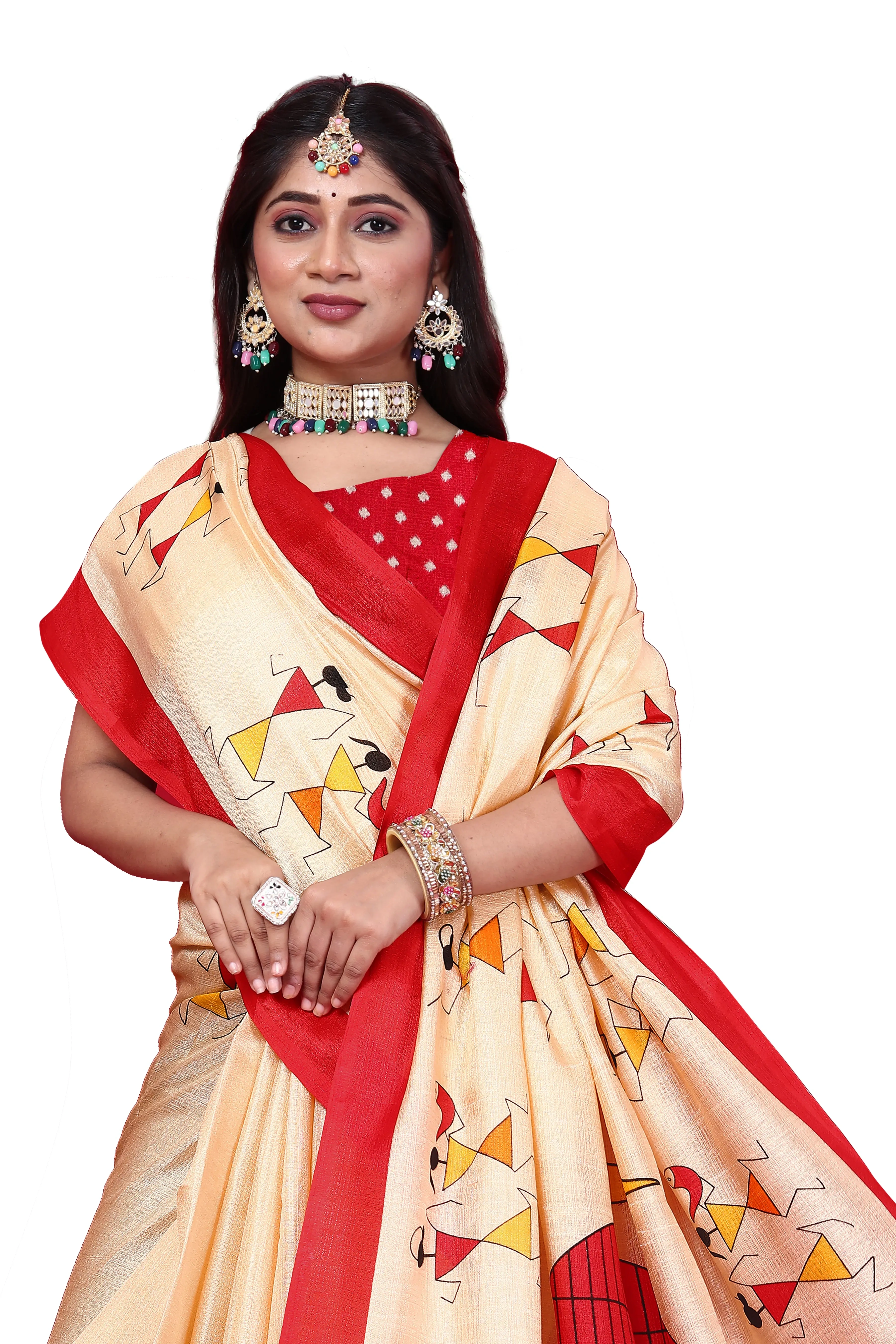 Khadi Silk Warli Printed Saree with Unstitched Blouse for Women-Red-4