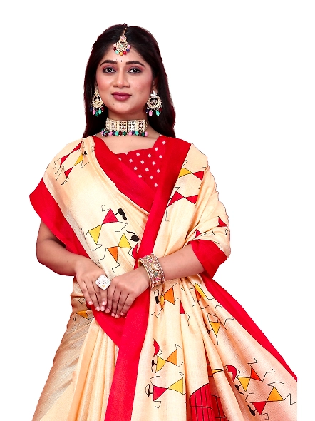 Khadi Silk Warli Printed Saree with Unstitched Blouse for Women-Red-4