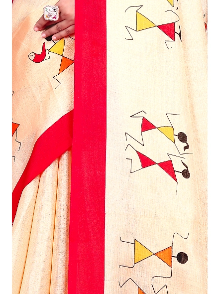 Khadi Silk Warli Printed Saree with Unstitched Blouse for Women-Red-5