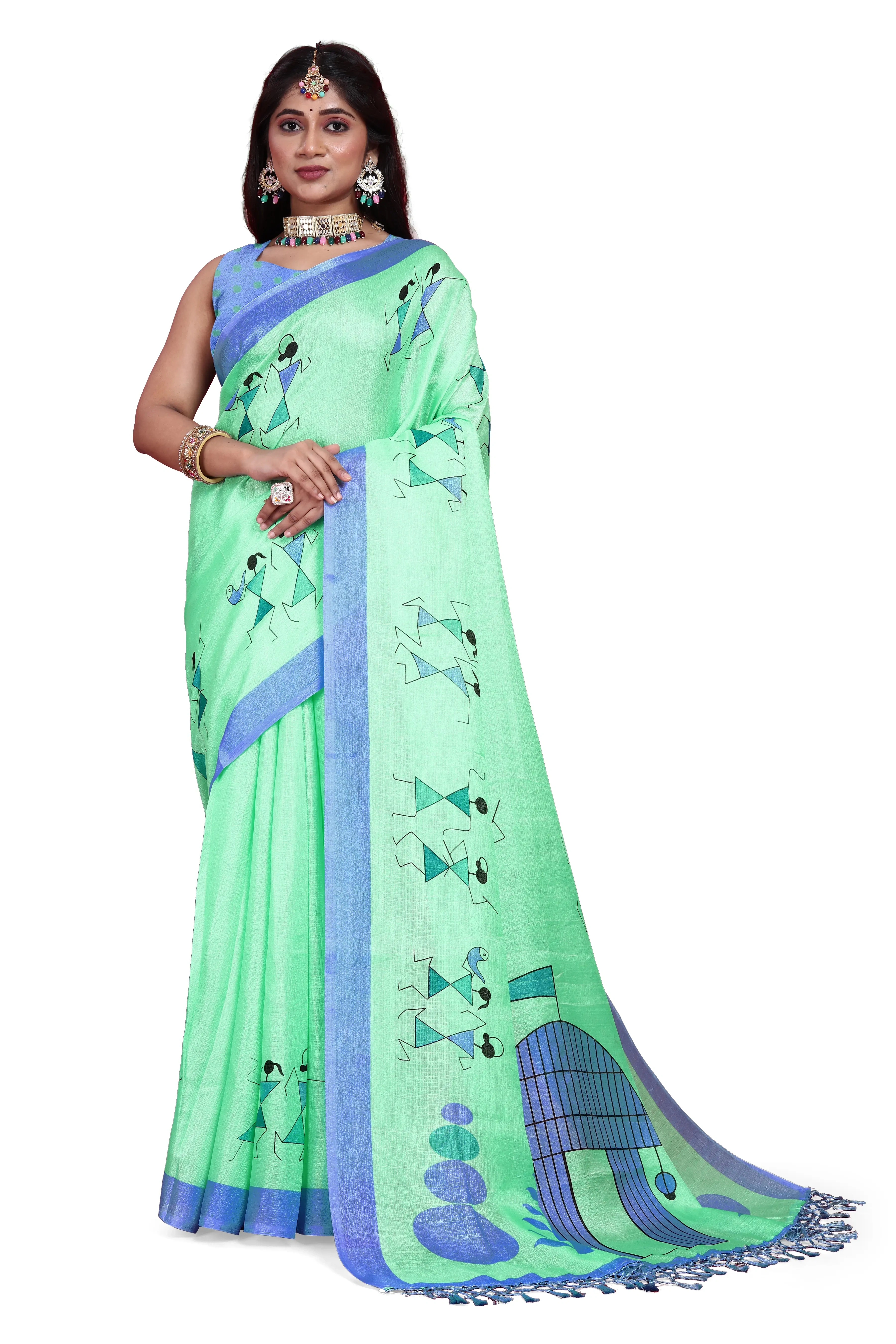 Khadi Silk Warli Printed Saree with Unstitched Blouse for Women-KWJ-Cyan