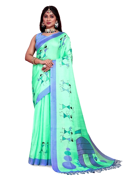 Khadi Silk Warli Printed Saree with Unstitched Blouse for Women-KWJ-Cyan