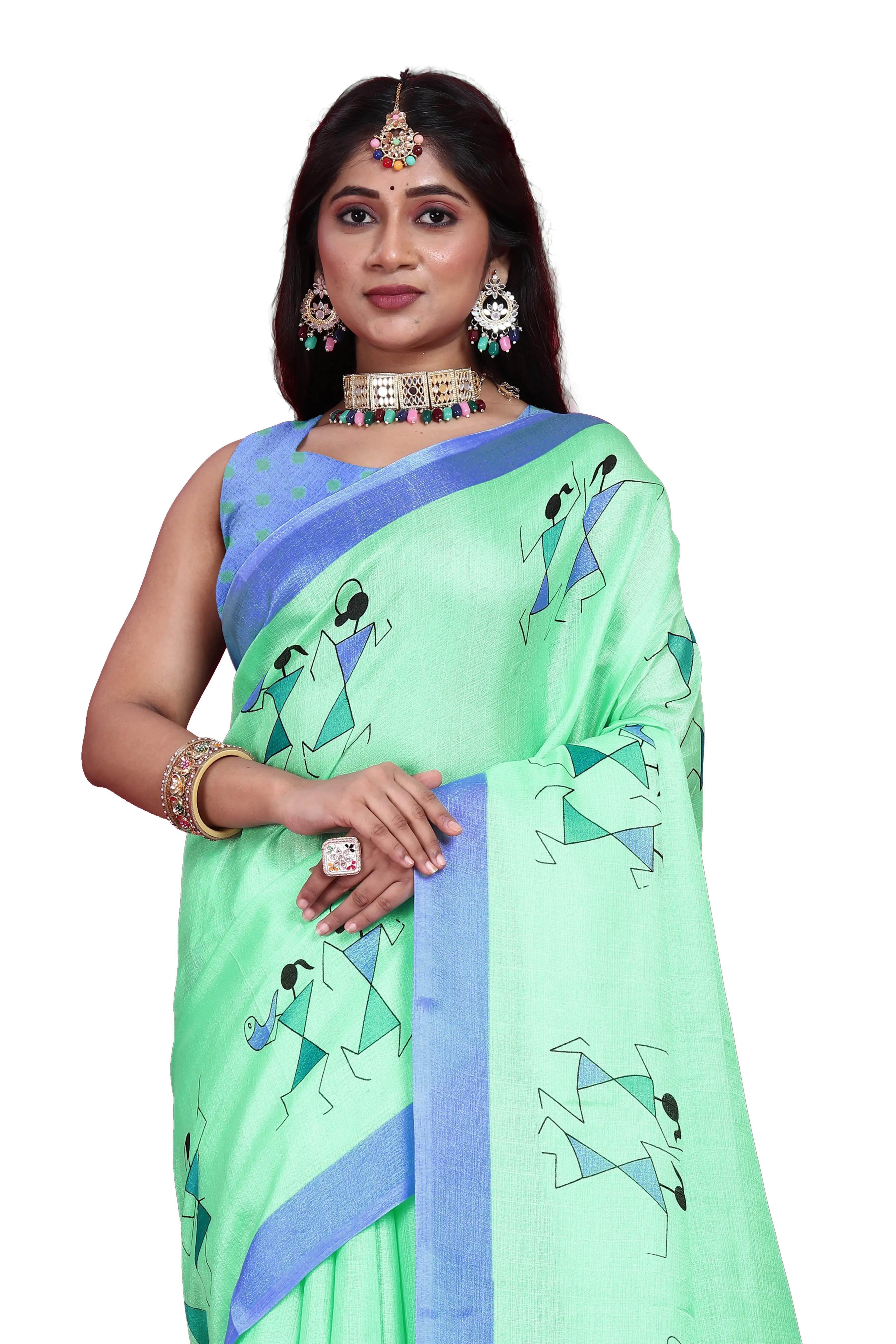 Khadi Silk Warli Printed Saree with Unstitched Blouse for Women-Cyan-1