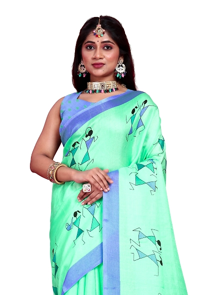 Khadi Silk Warli Printed Saree with Unstitched Blouse for Women-Cyan-1