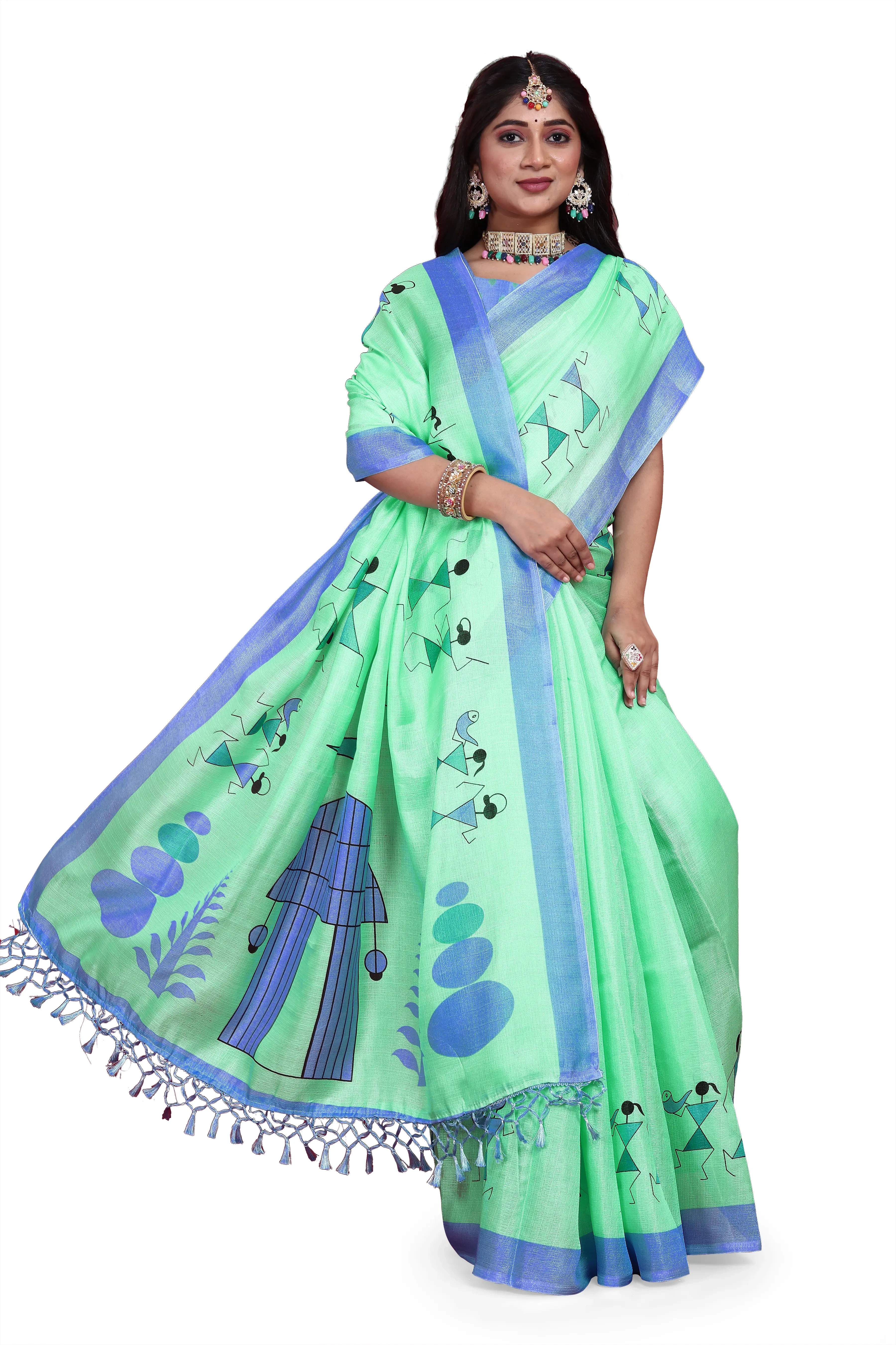 Khadi Silk Warli Printed Saree with Unstitched Blouse for Women-Cyan-2