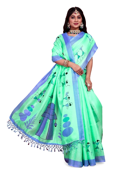 Khadi Silk Warli Printed Saree with Unstitched Blouse for Women-Cyan-2