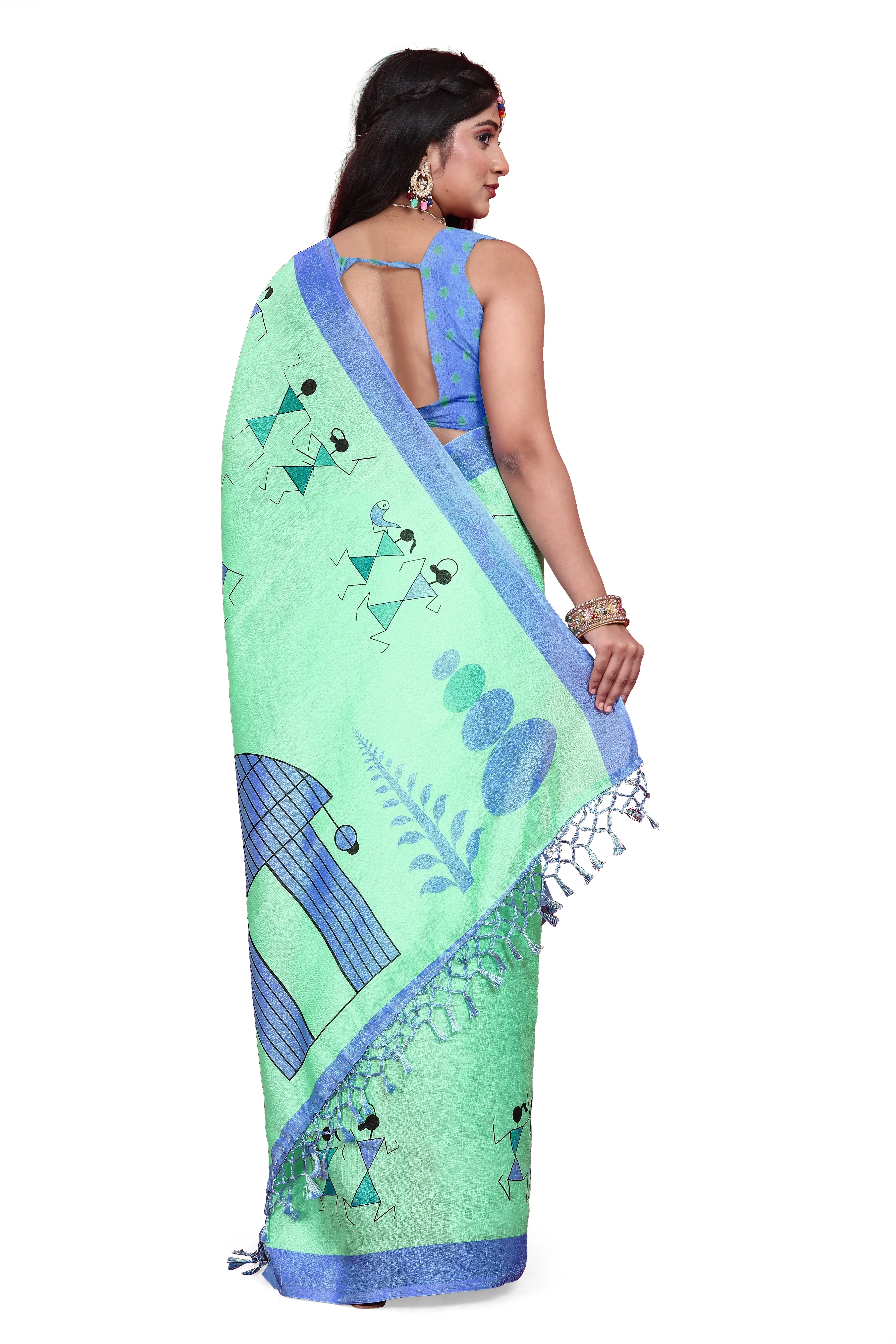 Khadi Silk Warli Printed Saree with Unstitched Blouse for Women-Cyan-3