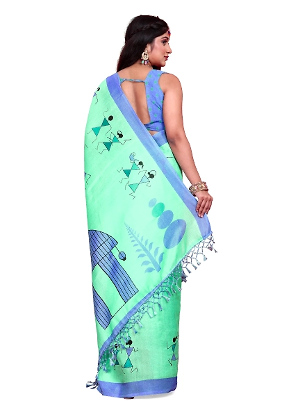 Khadi Silk Warli Printed Saree with Unstitched Blouse for Women-Cyan-3