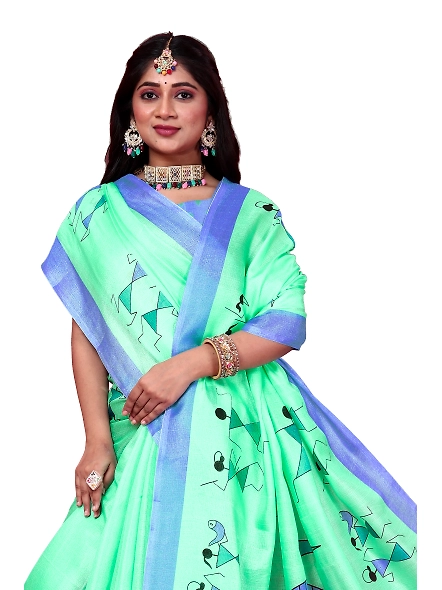 Khadi Silk Warli Printed Saree with Unstitched Blouse for Women-Cyan-4
