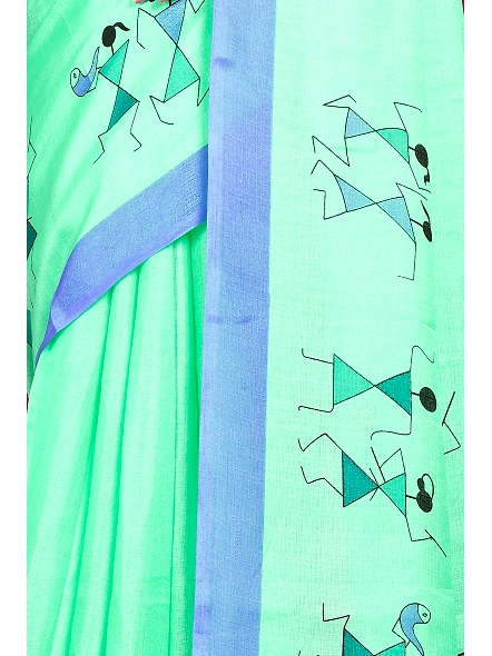 Khadi Silk Warli Printed Saree with Unstitched Blouse for Women-Cyan-5