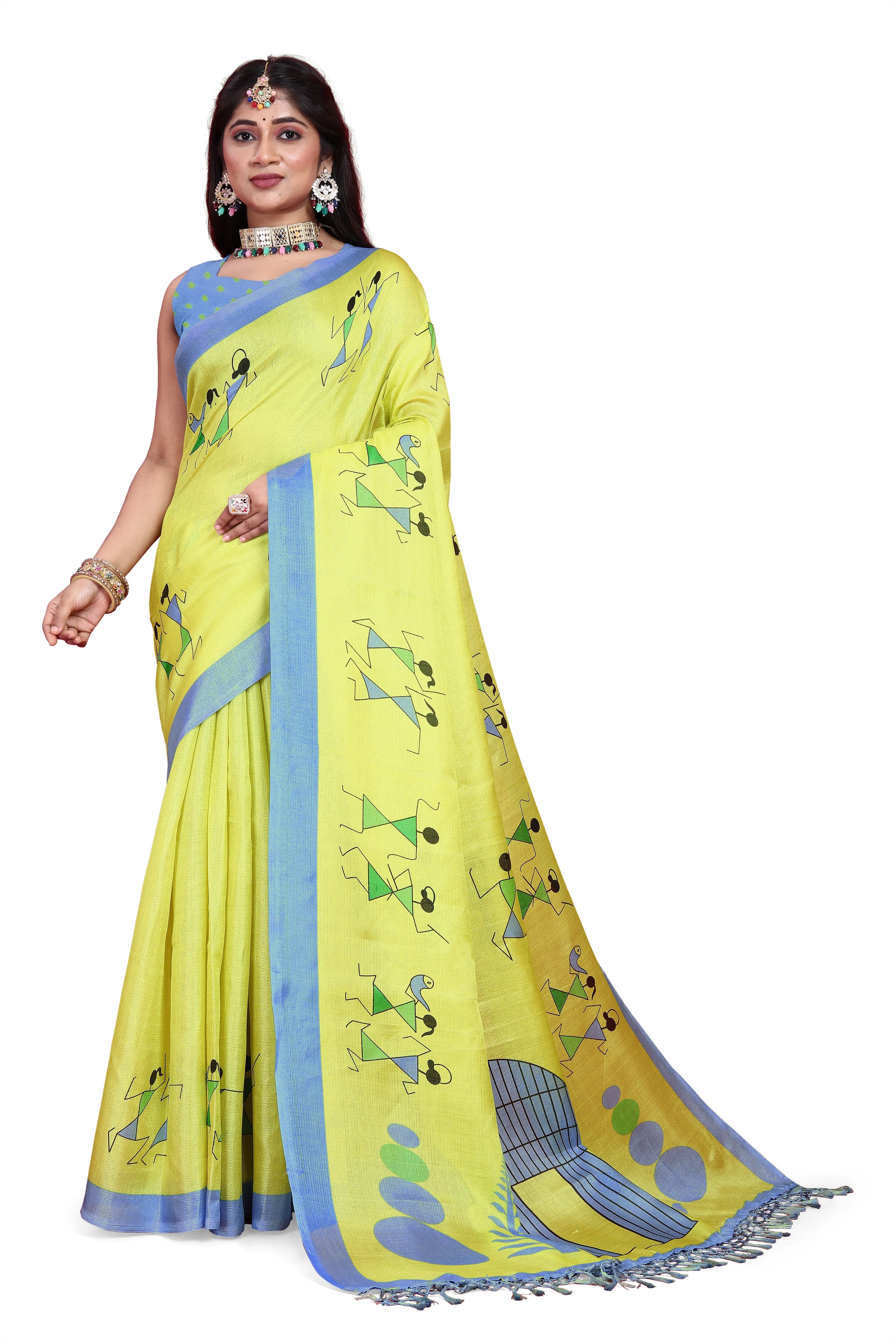 Khadi Silk Warli Printed Saree with Unstitched Blouse for Women-KWJ-Green