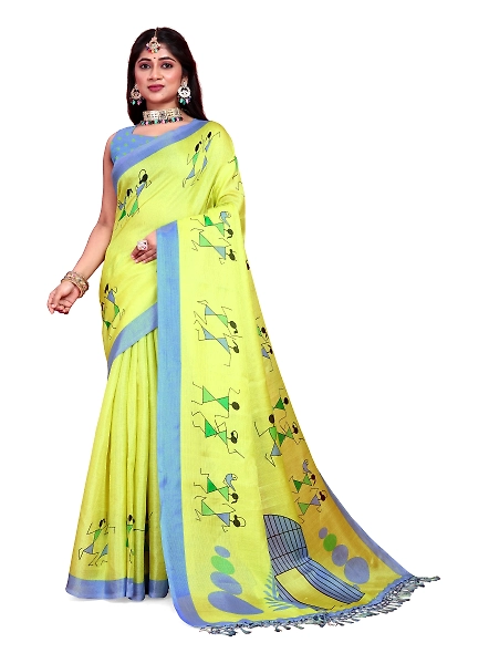 Khadi Silk Warli Printed Saree with Unstitched Blouse for Women-KWJ-Green